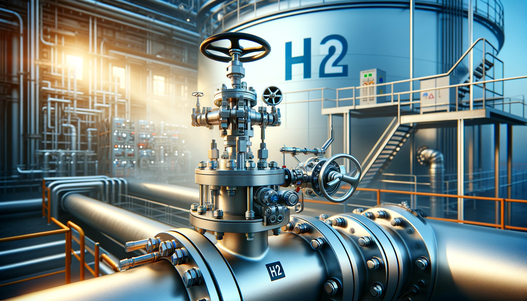 DALL·E-2023-12-22-11.37.50-A-realistic-portrayal-of-a-control-valve-on-a-pipeline-entering-a-hydrogen-storage-tank-essential-for-controlling-hydrogen-flow.-The-setting-is-an-in.png